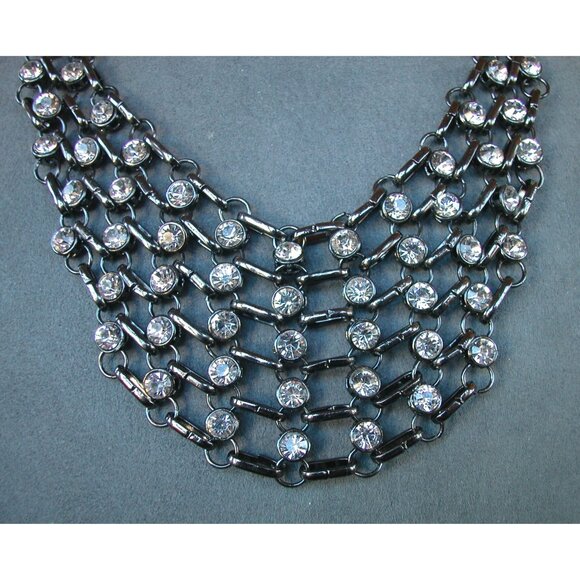 Multi-Layer Black Metal Necklace With Rhinestone Accents And Lobster Clasp Closu - Picture 2 of 4